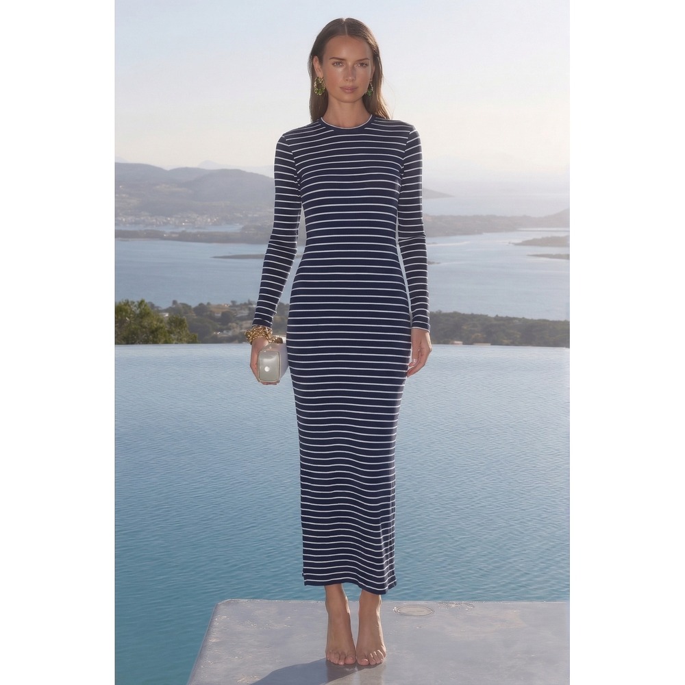 Electric & Rose Striped Midi Dress Navy White Ribbed Long Sleeve Crew Neck Small